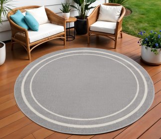 8' Gray And Ivory Round Indoor Outdoor Area Rug