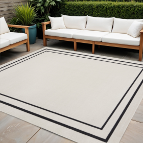 5' Ivory And Black Square Indoor Outdoor Area Rug