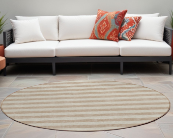 8' Round Beige Round Striped Washable Non Skid Indoor Outdoor Area Rug
