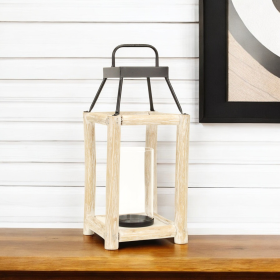 18" Natural And Black Glass Metal And Wood Tabletop Lantern Candle Holder