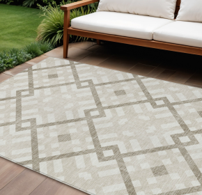 10' X 14' Beige Tan And Ivory Geometric Washable Indoor Outdoor Area Rug
