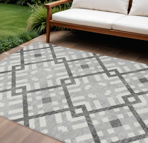 10' X 14' Gray Charcoal And Ivory Geometric Washable Indoor Outdoor Area Rug