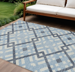 10' X 14' Sky Blue Navy Blue And Ivory Geometric Washable Indoor Outdoor Area Rug