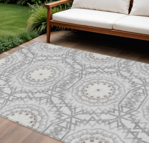 10' X 14' Silver Ivory And Gray Floral Medallion Washable Indoor Outdoor Area Rug