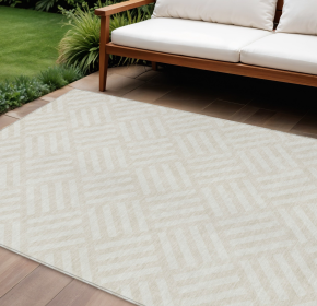 10' X 14' Ivory And Beige Geometric Washable Indoor Outdoor Area Rug