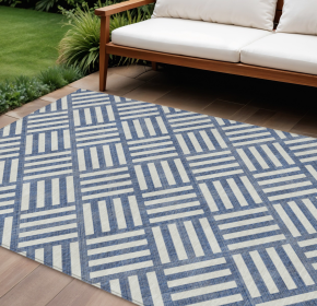 10' X 14' Navy Blue And Ivory Geometric Washable Indoor Outdoor Area Rug
