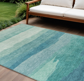 10' X 14' Turquoise Striped Washable Indoor Outdoor Area Rug