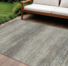 10' X 14' Taupe Striped Washable Indoor Outdoor Area Rug
