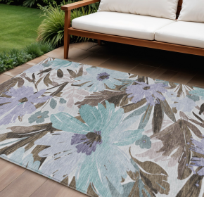 10' X 14' Taupe And Lilac Floral Washable Indoor Outdoor Area Rug