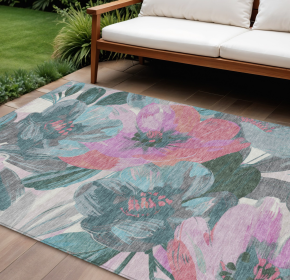 10' X 14' Teal Blue And Aqua Floral Washable Indoor Outdoor Area Rug