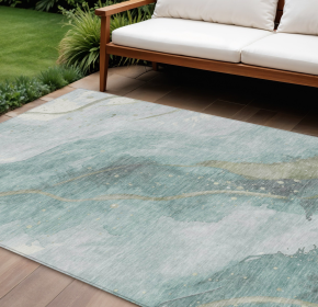 10' X 14' Teal Blue And Aqua Abstract Washable Indoor Outdoor Area Rug