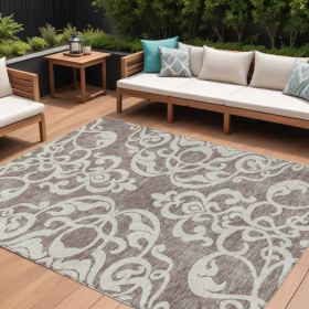 10' X 14' Taupe And Ivory Damask Washable Indoor Outdoor Area Rug