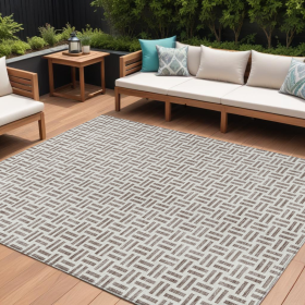 10' X 14' Taupe And Ivory Geometric Washable Indoor Outdoor Area Rug