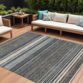 10' X 14' Taupe Beige And Pewter Striped Washable Indoor Outdoor Area Rug