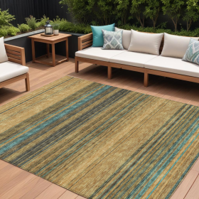 10' X 14' Wheat Brown And Teal Blue Striped Washable Indoor Outdoor Area Rug