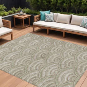 10' X 14' Taupe Fern Green And Ivory Geometric Washable Indoor Outdoor Area Rug