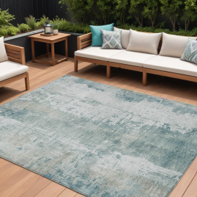 10' X 14' Turquoise And Ivory Abstract Washable Indoor Outdoor Area Rug