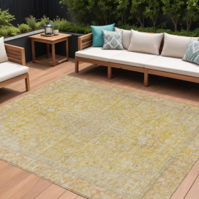 10' X 14' Wheat And Gold Medallion Washable Indoor Outdoor Area Rug