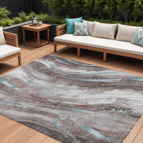 10' X 14' Taupe Sky Blue And Ivory Abstract Washable Indoor Outdoor Area Rug