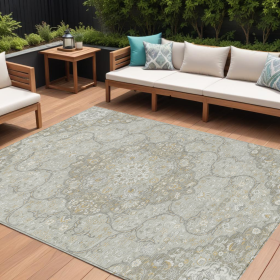 10' X 14' Taupe And Ivory Medallion Washable Indoor Outdoor Area Rug