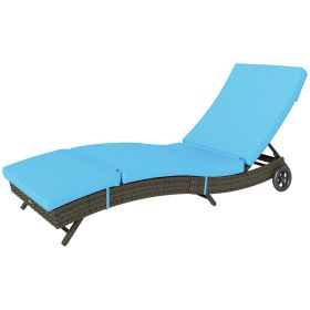 Patio Wicker Chaise Lounge Chair, Outdoor PE Rattan Sun Lounger With Adjustable Backrest And 2 Wheels, Sky Blue