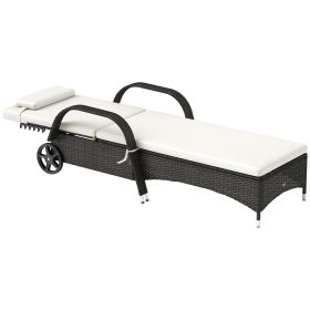 Outdoor Chaise Lounge, 5-Level Adjustable Backrest Rattan Pool Lounge Chair With Wheels, Cushion & Headrest, Cream