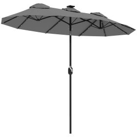 Outsunny Double-sided Patio Umbrella, 9.7' Outdoor Umbrella with Tilt and Crank, LED Solar Light and 12 Ribs, Gray
