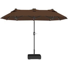 Outsunny Double-sided Outdoor Patio Umbrella with Solar Lights and Base, Dining Table Umbrella Push Button Tilt, Coffee