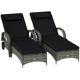 Outsunny 2 Reclining Chaise Lounge Chairs, Rolling Outdoor Chairs with Cushion, Pillow, Headrest, Armrests, and Wheels, Black
