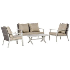Outsunny Patio Conversational Bliss: 4-Piece Wicker Loveseat Set with Coffee Table, Beige | Intimate Outdoor Lounge.