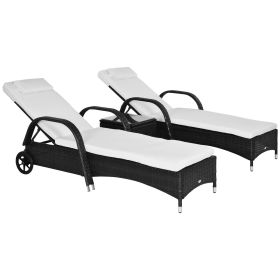 Outsunny 3-Piece Wicker Lounge Chair Set, Outdoor Loungers with Armrests, Cushion & Headrest, Side Table & Wheels, Black
