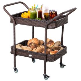 Outsunny Rattan Wicker Outdoor Kitchen Trolley, Rolling Serving Cart with 2 Tray Shelves, Brown