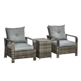 Outsunny 3-Piece Outdoor Furniture Set with Grey Wicker Chairs, Padded Seats & Storage Side Table