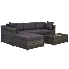 Outsunny 5-Piece Deluxe Outdoor Sectional Furniture, Patio Wicker Couch, Patio Rattan Furniture Set with Cushions, Pillows & Glass Coffee Table,