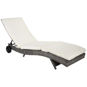 Outsunny Patio Wicker Cushioned Chaise Lounge Outdoor PE Rattan Sun Lounger Adjustable Backrest Wheels Off-white