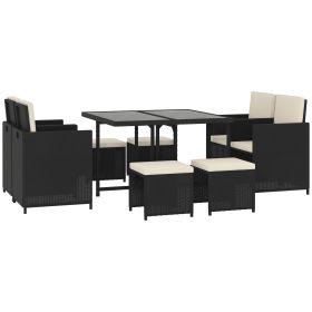 Outsunny 9 Pieces Outdoor Dining Set for 8, Space Saving Wicker Chairs and Square Glass Table with Cushions and Ottomans