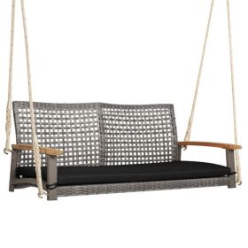 2-Person Patio Wicker Hanging Swing Chair (Color: Black)