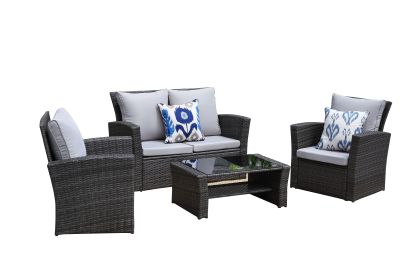 4-Pieces PE Rattan Wicker Outdoor Patio Furniture Set with Grey Cushions (Color: as Pic)